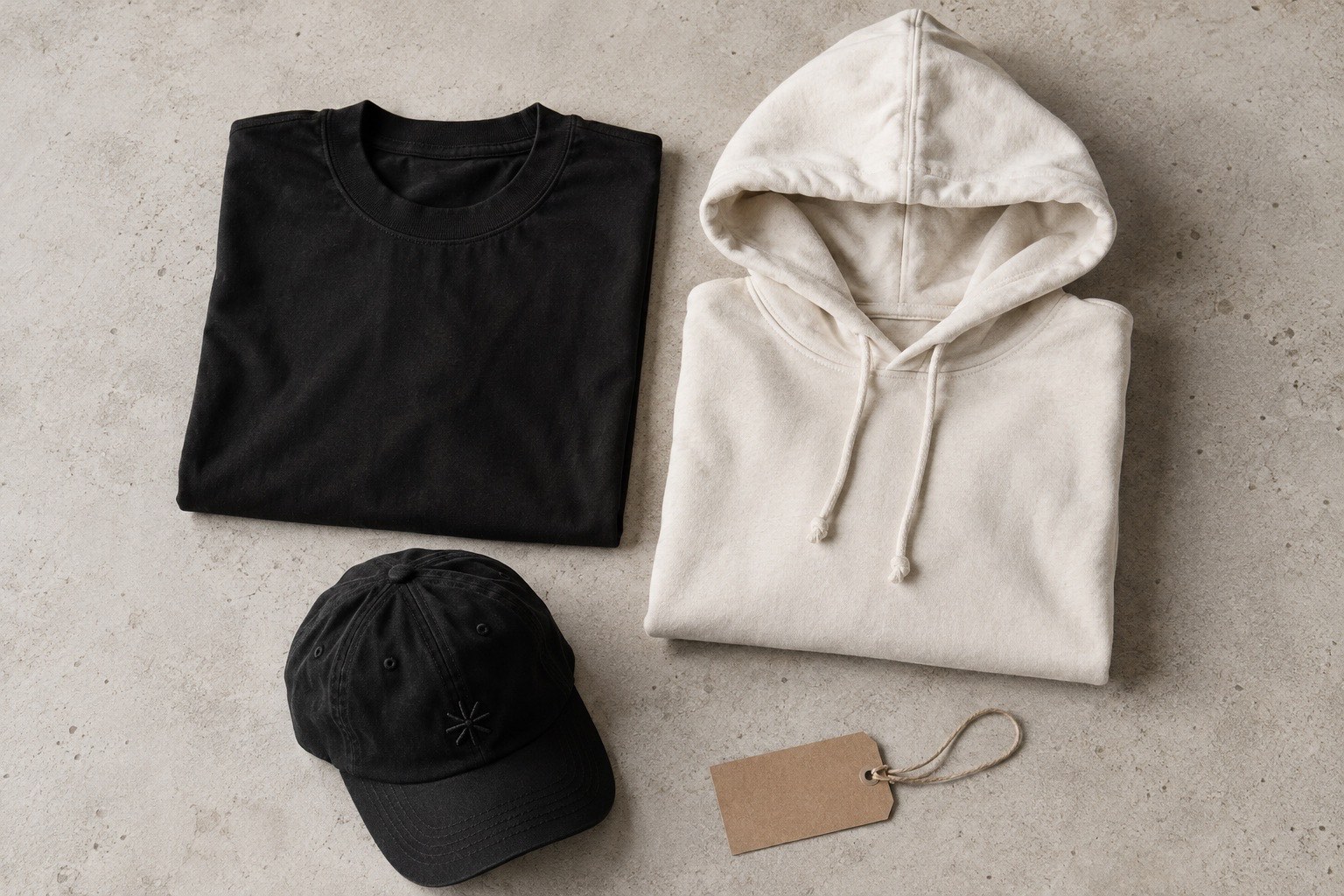 A black heavyweight tee, a bone hoodie and a black dad cap laid flat on concrete with a kraft hang tag