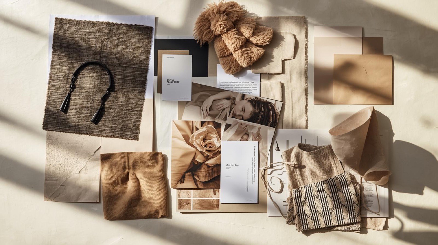 A moodboard of fabric swatches, trims and photographs on a table