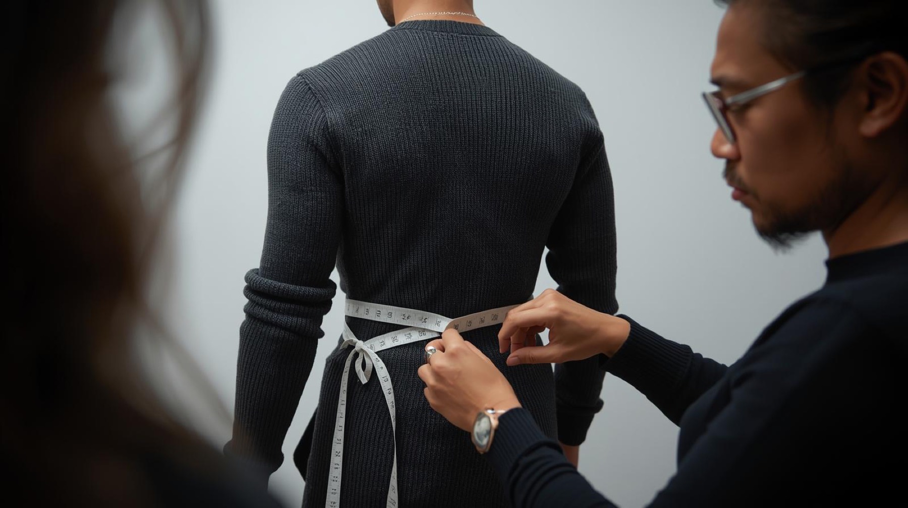A pattern maker measuring a sweater on a fit model