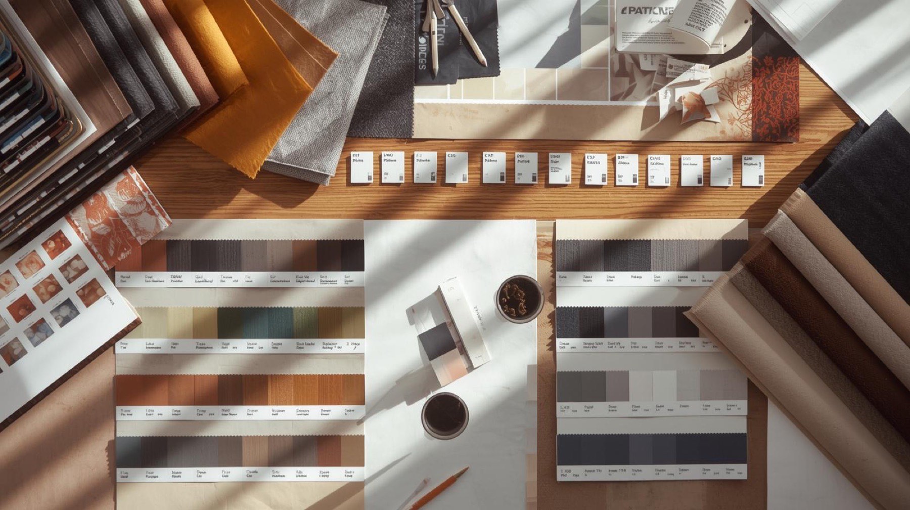Color cards and material samples laid out for selection