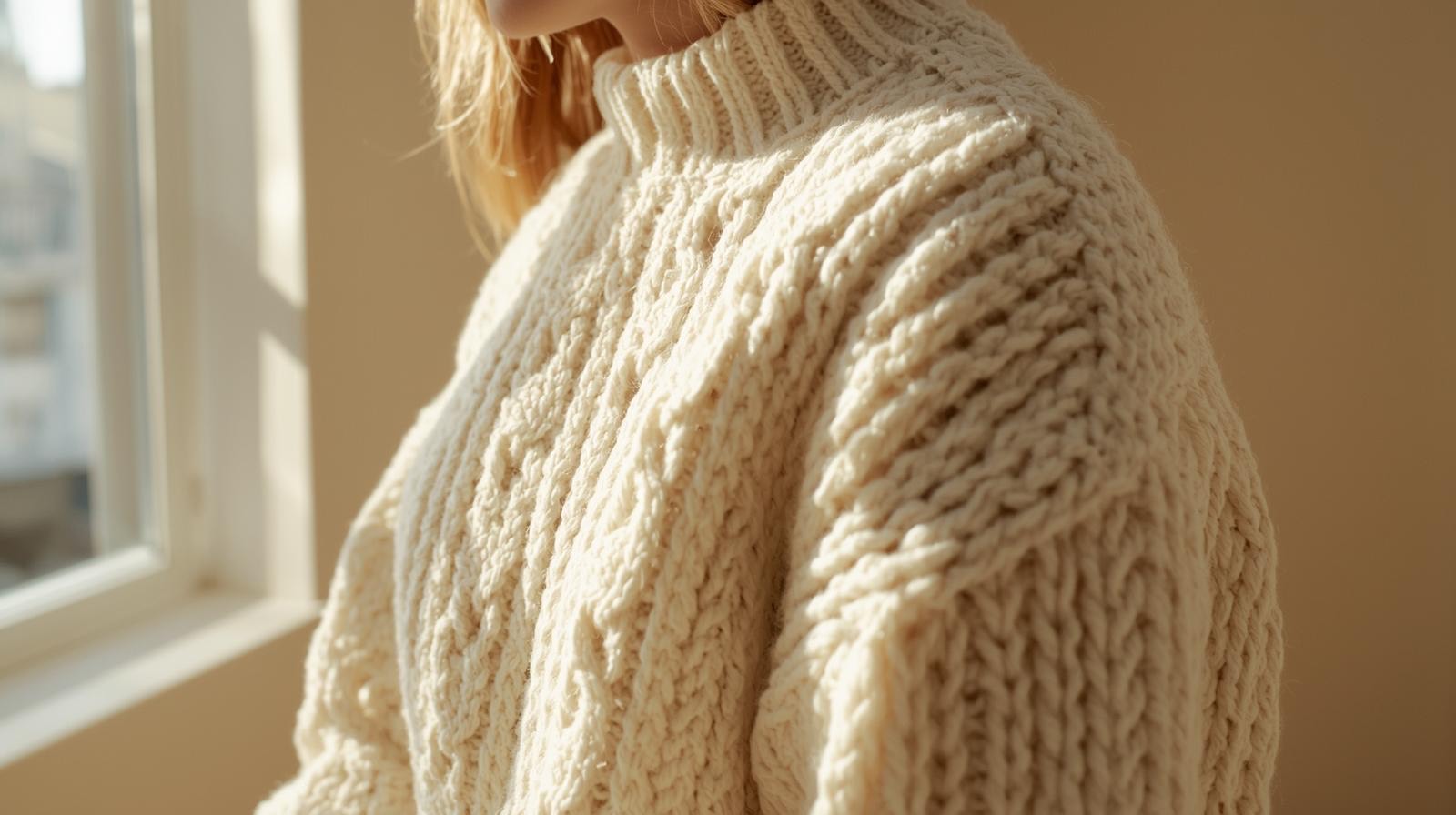 A cream cable-knit sweater in morning light