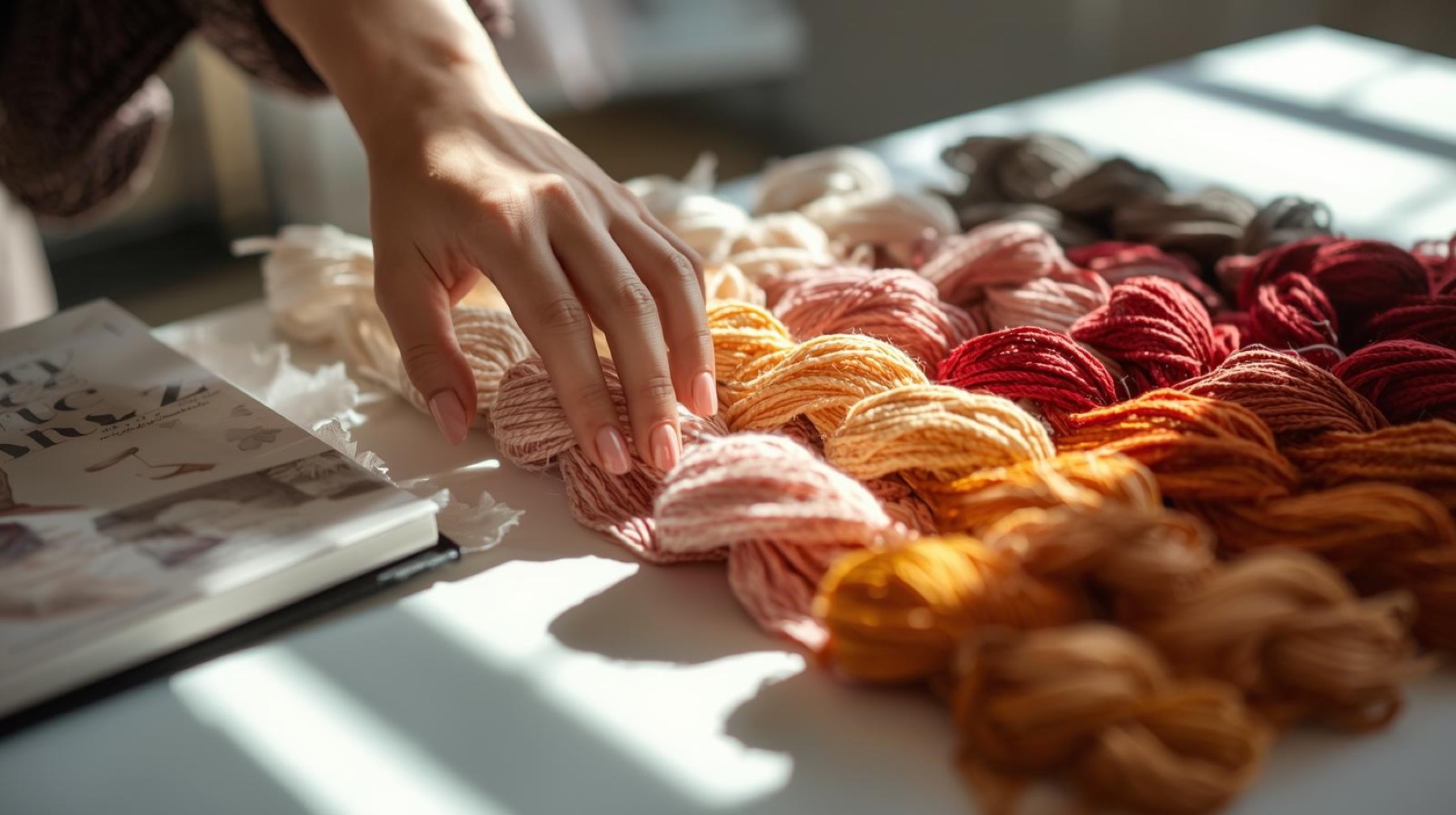 Hands sorting skeins of yarn by color
