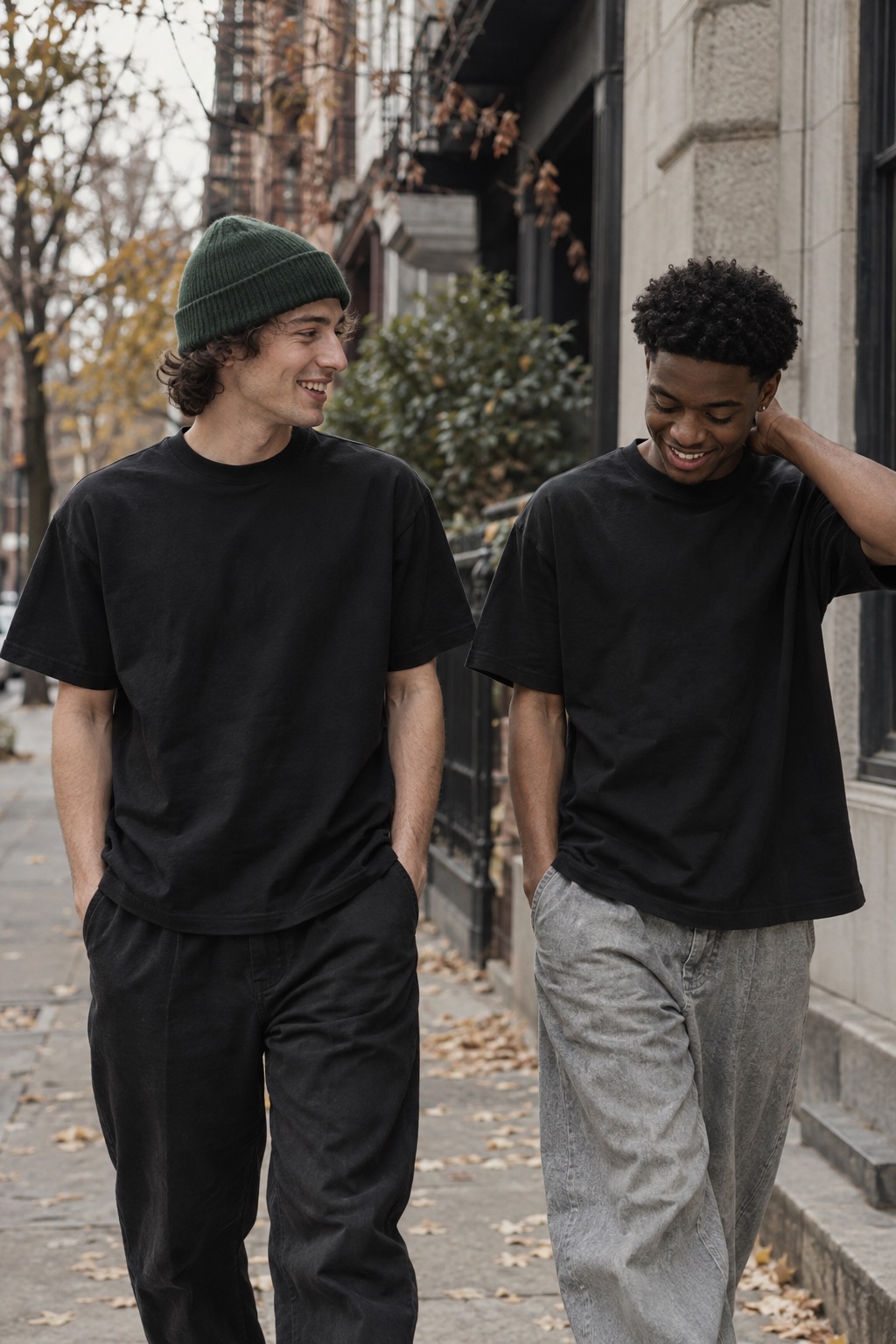 Two friends on a city sidewalk in matching black heavyweight tees