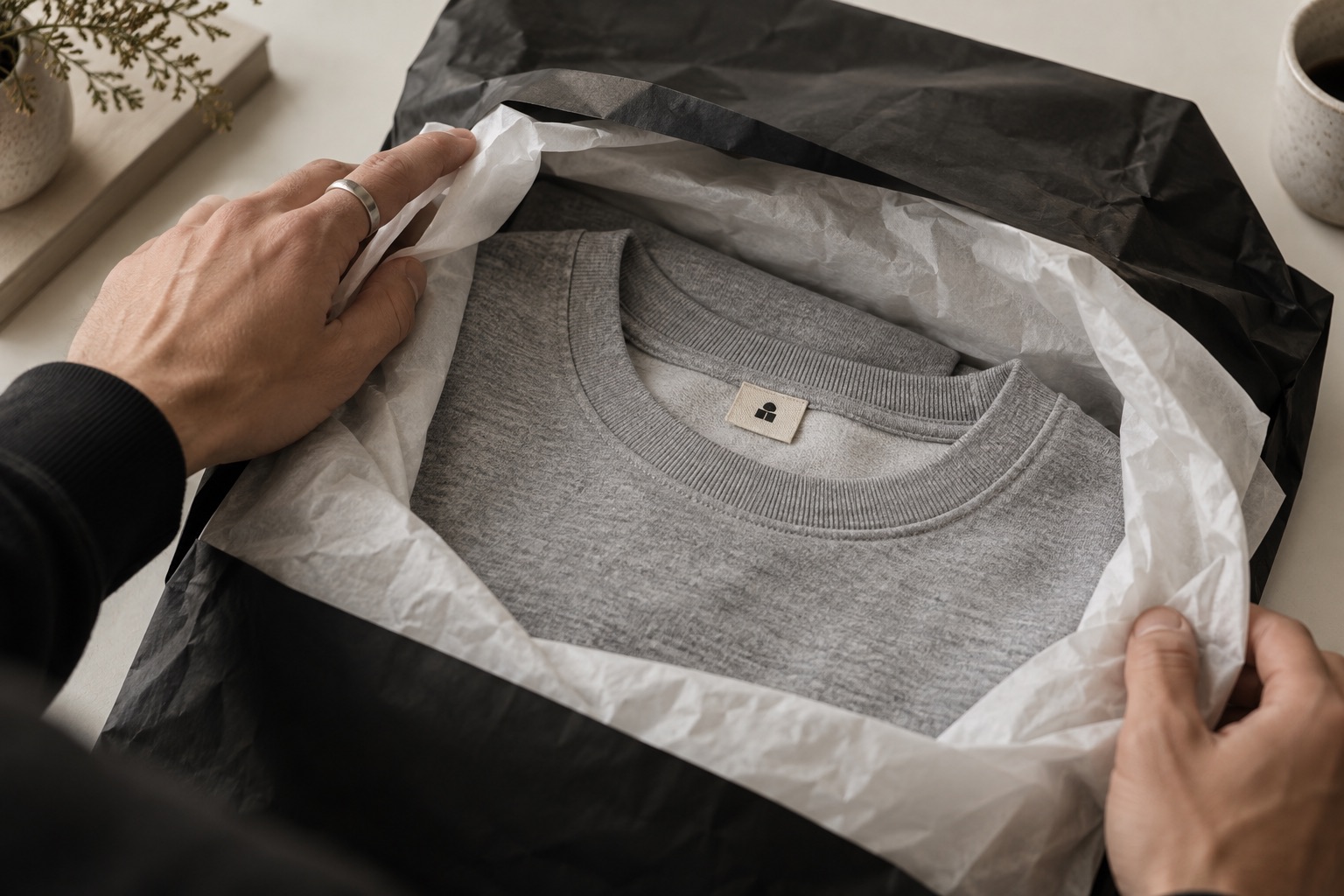 Hands opening a black mailer to a grey crewneck sweatshirt in tissue paper